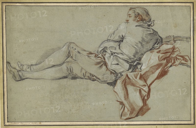 Reclining Male Figure; François Boucher, French, 1703 - 1770, 1736; Black, red and white chalk on blue paper; 27.9 x 44.1 cm