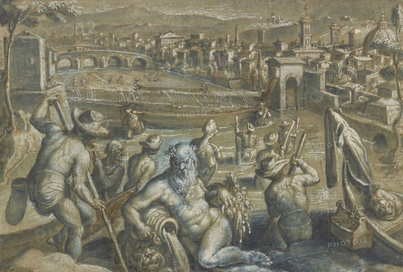 The Arno with Fishermen; Stradanus, Flemish, 1523 - 1605, Netherlands; between 1580 and 1596; Pen and brown ink, brown and blue