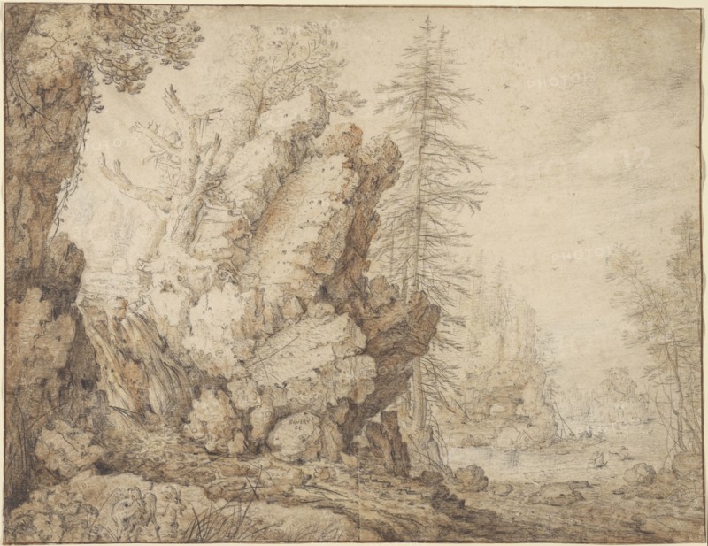 Landscape with Waterfall; Roelandt Savery, Flemish, 1576 - 1639, early 1620s; Black chalk and brush and red wash