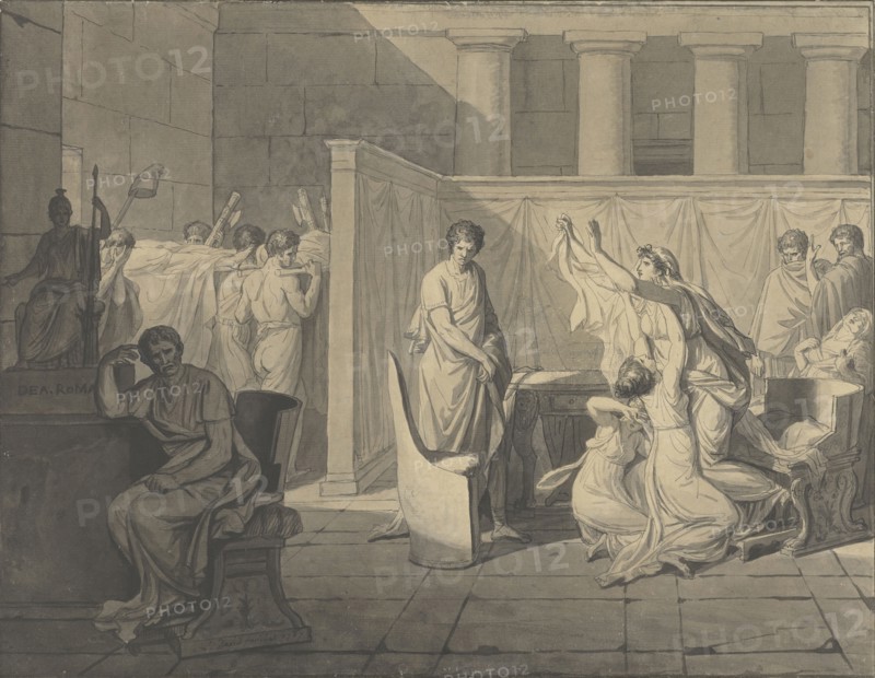 The Lictors Carrying Away the Bodies of the Sons of Brutus; Jacques-Louis David, French, 1748 - 1825, 1787; Pen and black ink