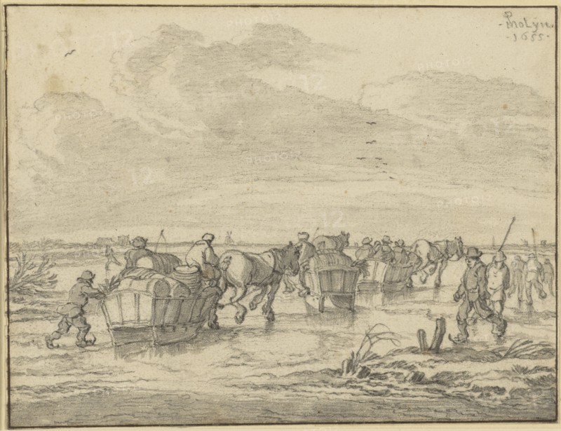 A Scene on the Ice with Skaters and Wagons; Pieter Molijn, Dutch, 1595 - 1661, 1655; Black chalk with gray wash; 14.9 x 19.4 cm