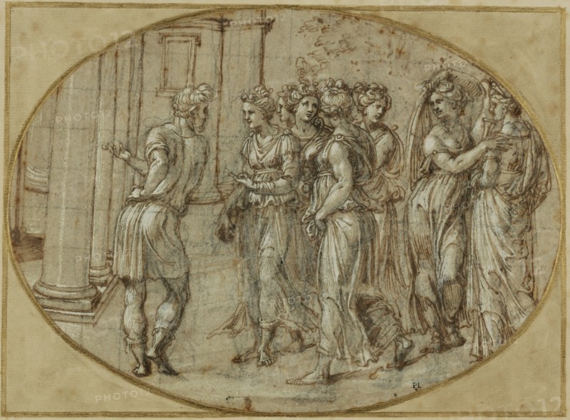 Odysseus and the Daughters of Lycomedes; Baldassare Peruzzi, Italian, 1481 - 1536, about 1520; Pen and brown ink, black chalk