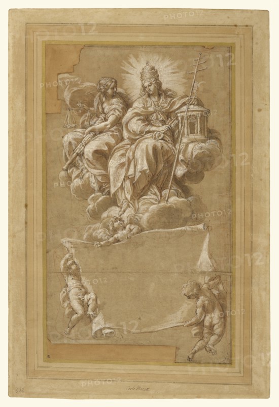 Faith and Justice Enthroned; Carlo Maratti, Italian, 1625 - 1713, Italy; about 1676; Pen and brown ink, brown wash, red chalk