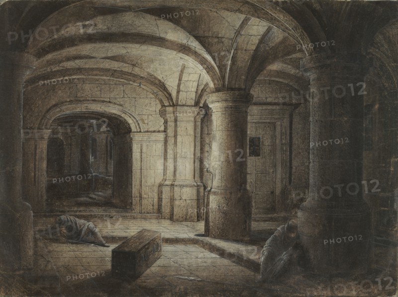 The Crypt of a Church with Two Men Sleeping; Hendrick van Steenwijck the Younger, Flemish, 1580 - 1649, Netherlands; possibly