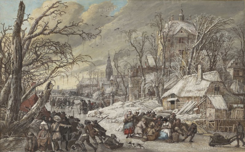 Figures on a Frozen Canal; Gerrit Battem, Dutch, about 1636 - 1684, 1670s; Pen and dark brown ink, watercolor and gouache