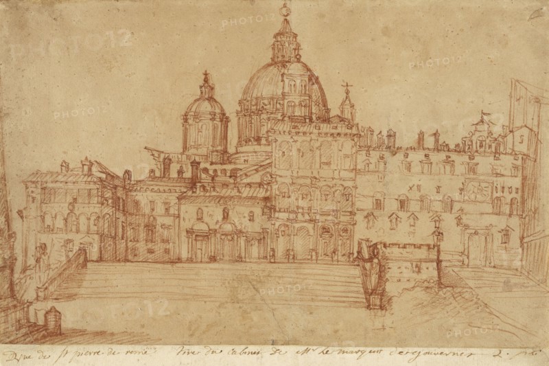 View of Saint Peter's, recto, Study of a Young Man, verso, Federico Zuccaro, Italian, about 1541 - 1609, Italy; 1603; Red