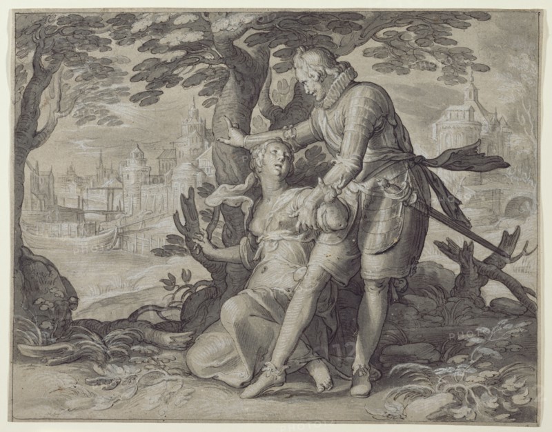 Young Woman Assisted by a Gentleman; Joachim Anthonisz. Wtewael, Dutch, 1566 - 1638, about 1609 - 1611; Pen and black ink, gray