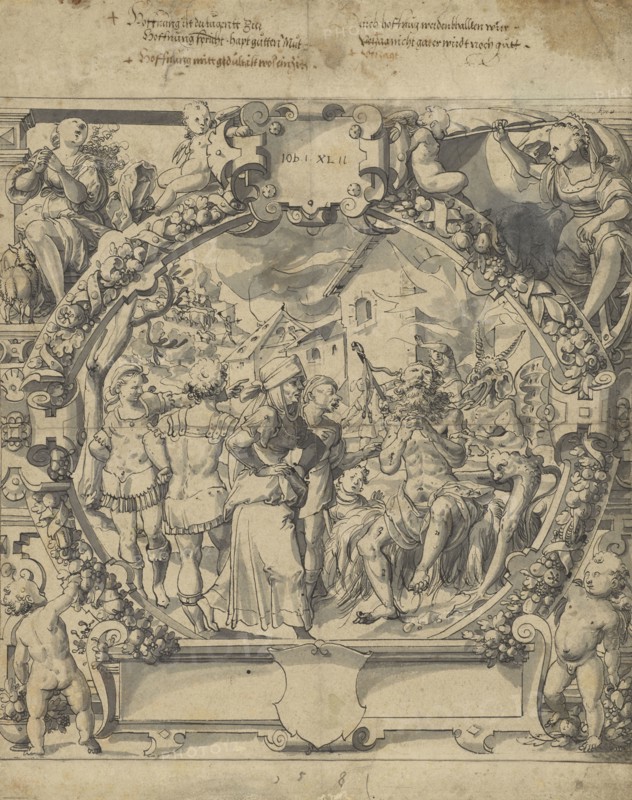Job on the Dung Heap; Daniel Lindtmayer, Swiss, 1552 - 1602,1607, 1581; Pen and black ink, and gray wash; 39.7 × 31.4 cm