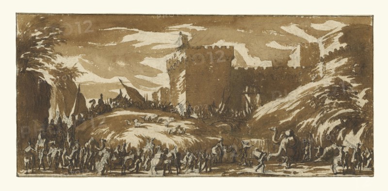 An Army Leaving a Castle; Jacques Callot, French, 1592 - 1635, France; about 1632; Brush and brown wash over black chalk