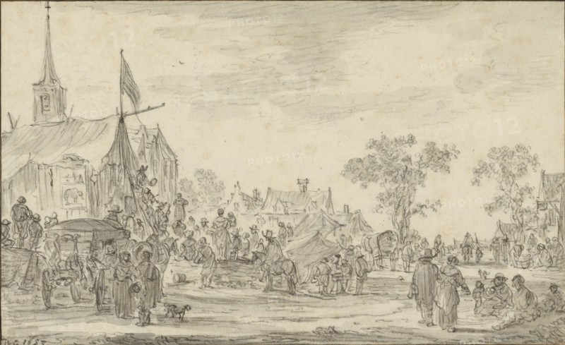 A Village Festival with Musicians Playing Outside a Tent; Jan van Goyen, Dutch, 1596 - 1656, 1653; Black chalk and gray wash