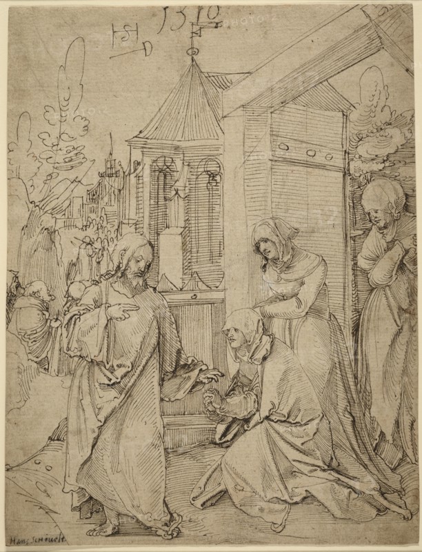Christ Taking Leave of His Mother; Hans Schäufelein, German, 1480,1485 - 1540, 1510; Pen and brown ink and black chalk
