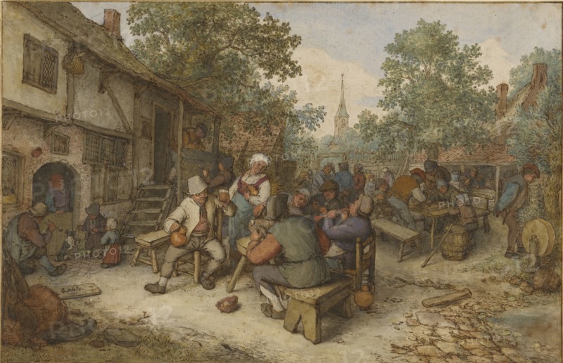 Peasant Festival on a Town Street; Adriaen van Ostade, Dutch, 1610 - 1685, 1674; Pen and ink over watercolor and gouache