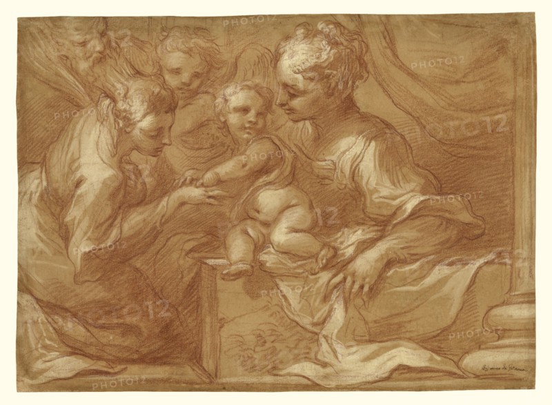 Mystic Marriage of Saint Catherine; Bartolomeo Biscaino, Italian, 1632 - 1657, Italy; about 1655; Red chalk with white gouache