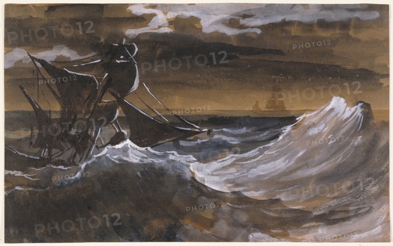 Sailboat on the Sea; Théodore Géricault, French, 1791 - 1824, about 1818 - 1819; Brush and brown wash, blue watercolor, opaque