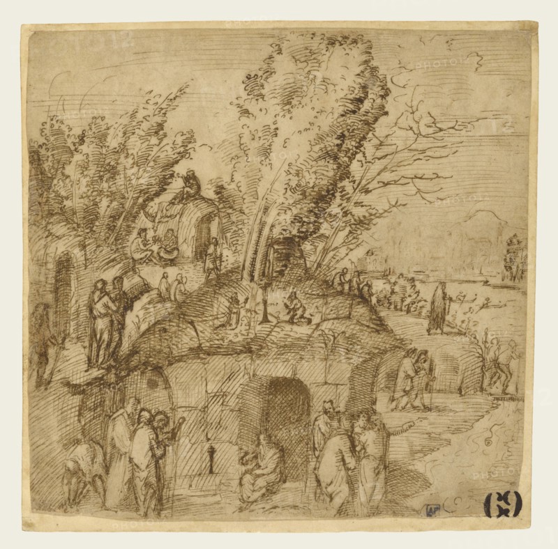 A Thebaid: Monks and Hermits in a Landscape; Lorenzo Costa, Italian, about 1459,1460 - 1535, about 1505; Pen and brown ink