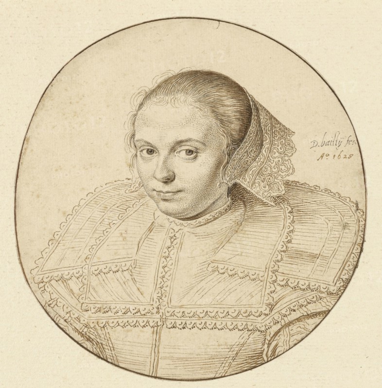 Portrait of a Woman; David Bailly, Dutch, 1584 - 1657, Netherlands; 1629; Pen and light and dark brown ink; framing line in
