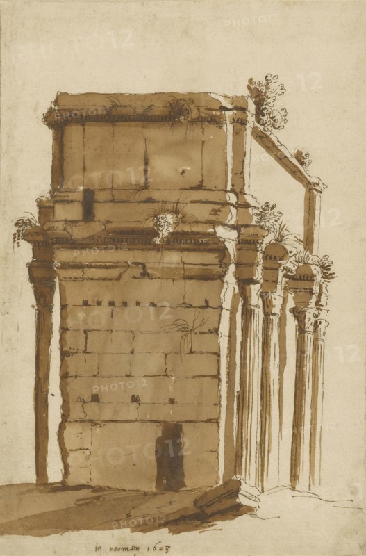 The Arch of Septimius Severus, Rome; Cornelis van Poelenburgh, Dutch, about 1594,1595 - 1667, 1623; Pen and brown ink and brown
