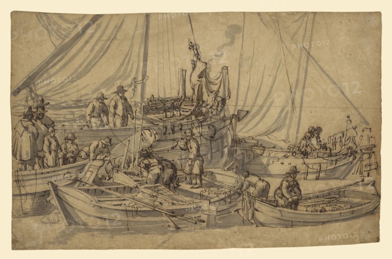 Figures on Board Small Merchant Vessels; Willem van de Velde the Elder, Dutch, 1611 - 1693, Holland; about 1650 - 1655; Pen