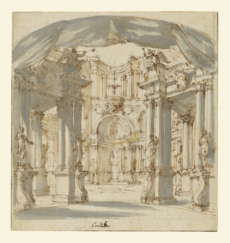 The Courtyard of a Palace: Project for a Stage; Filippo Juvarra, Italian, 1678 - 1736, 1713; Pen and brown ink, gray and brown