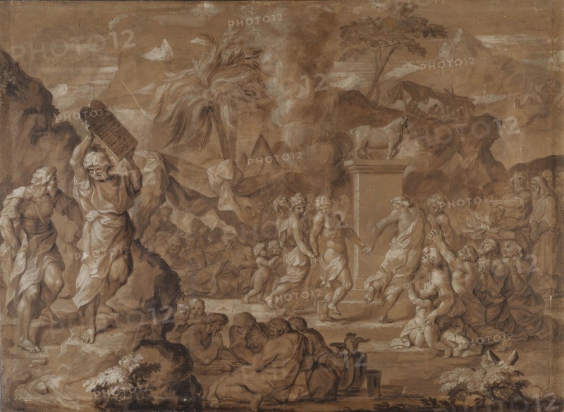 The Israelites Dancing around the Golden Calf; Sébastien Bourdon, French, 1616 - 1671, France; about 1645; Pen and brown ink