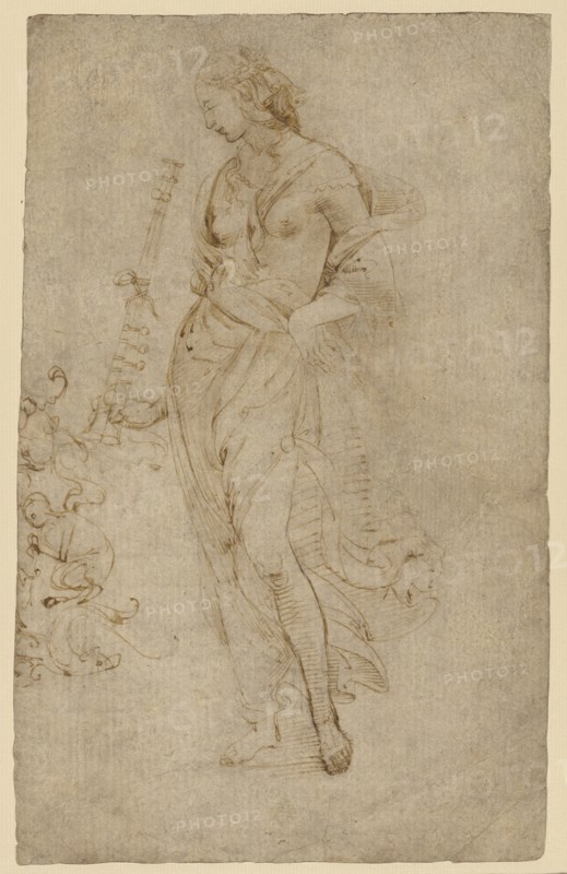 Female Figure with a Tibia, and Ornamental Studies, recto, Ornamental Studies, verso, Attributed to Raphael Raffaello Sanzio