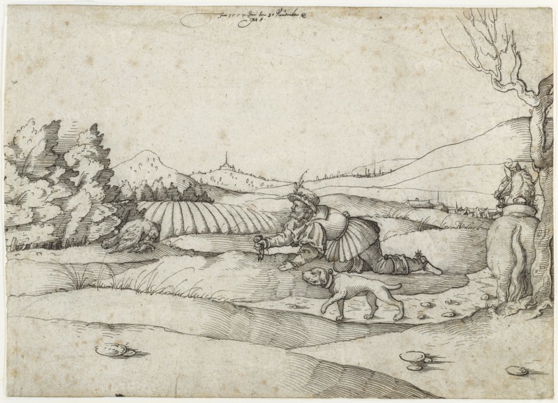 A Falconer in a Landscape; Monogrammist MS, German, active 1557, Germany; 1557; Pen and black ink; 15.1 x 21 cm