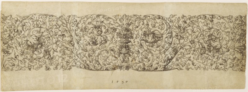 Design for a Frieze of Grapevines; Virgil Solis, German, 1514 - 1562, Germany; 1537; Pen and black ink, horizontal stylus