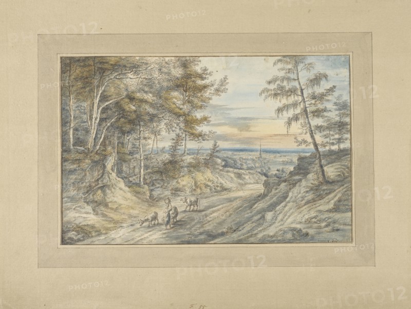 Forest Road at Evening; Lucas van Uden, Flemish, 1595 - 1672,1673, Netherlands; about 1640 - 1650; Pen and brown ink