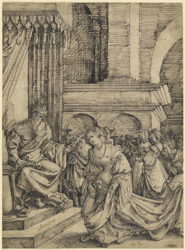 Esther before Ahasuerus; Frans Crabbe van Espleghem, Flemish, about 1480 - 1552, about 1525; Pen and dark brown ink, with
