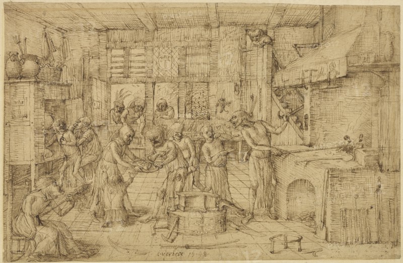 A Scene in a Forge; Jan Verbeeck, Flemish, active about 1548 - 1560, 1548; Pen and brown ink; 18.4 x 27.9 cm, 7 1,4 x 11 in