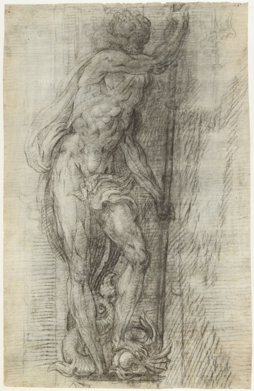 Neptune; Giulio Campi, Italian, about 1508 - 1573, Italy; 1541; Black chalk, the principle lines indented, recto, Rubbed with