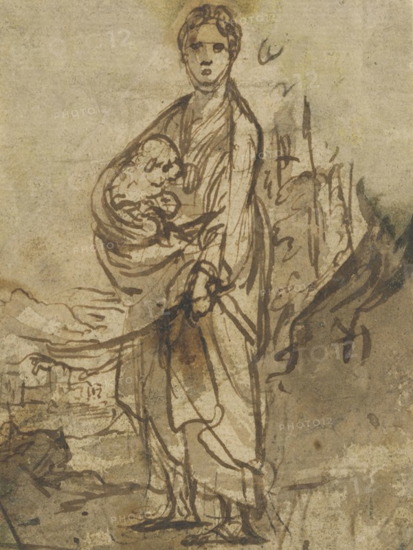Saint Agnes, recto, Figure Studies, verso, Adam Elsheimer, German, 1578 - 1610, Germany; about 1605; Pen and brown ink