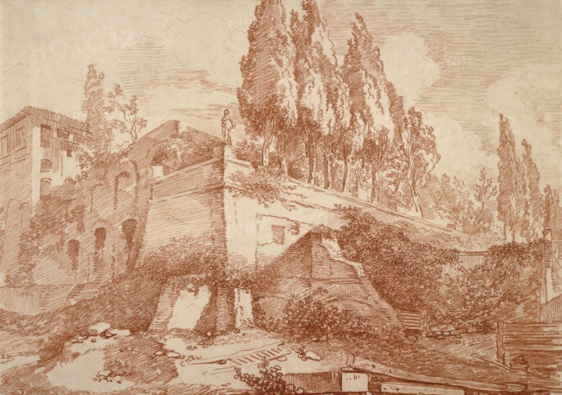 Ruins of an Imperial Palace, Rome; Jean-Honoré Fragonard, French, 1732 - 1806, 1759; Red chalk on cream-colored paper