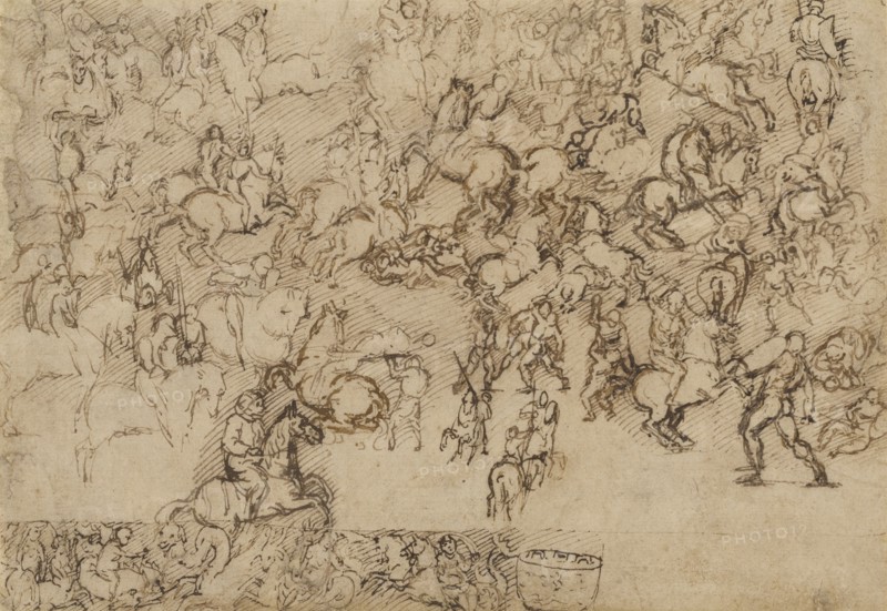Battle Scene; Girolamo Genga, Italian, 1467 - 1551, Italy; about 1525; Pen and brown ink; 14 x 20.2 cm, 5 1,2 x 7 15,16 in