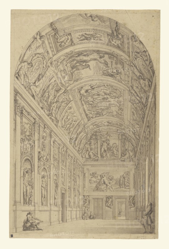 View of the Farnese Gallery, Rome; Francesco Panini, Italian, 1745 - 1812, Italy; about 1775; Pen and black ink and gray wash