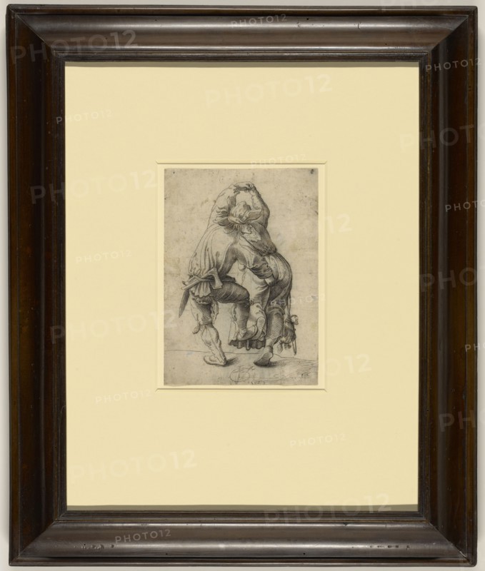 Dancing Peasant Couple; Urs Graf, Swiss, about 1485 - 1527, 1525; Pen and gray and black ink; pricked for transfer recto