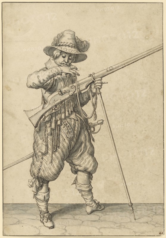 A Soldier on Guard Blowing Out a Match; Jacques de Gheyn II, Dutch, 1565 - 1629, about 1597; Pen and black ink and gray wash
