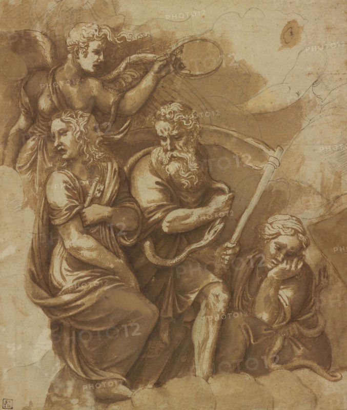 Victory, Janus, Chronos & Gaea; Giulio Romano, Giulio Pippi, Italian, before 1499 - 1546, about 1532 - 1534; Pen and brown ink