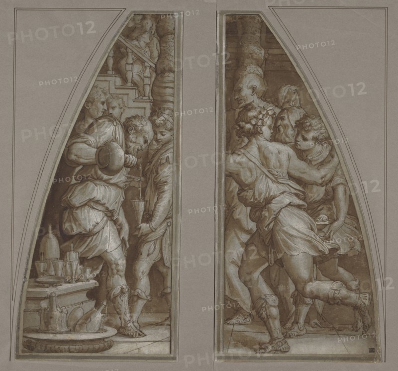 Bearded Man Filling a Glass: Youth Running; Giorgio Vasari, Italian, 1511 - 1574, about 1544 - 1545; Pen and brown ink