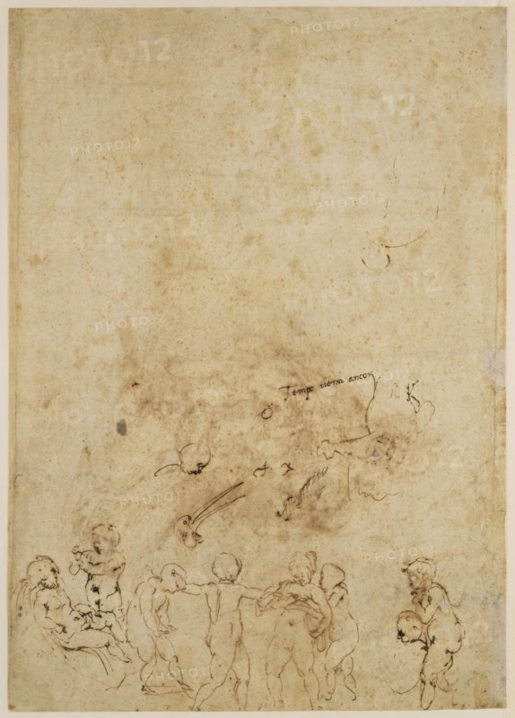 The Holy Family, recto, Amorous Putti, verso, Michelangelo Buonarroti, Italian, 1475 - 1564, Italy; about 1530; Black and red