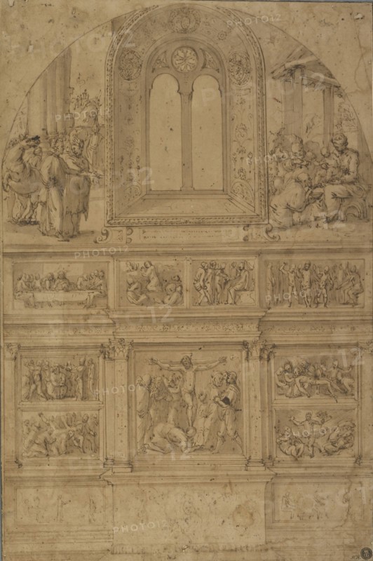 Project for a Wall Decoration; Perino del Vaga, Piero Buonaccorsi, Italian, 1501 - 1547, about 1522; Pen and brown ink, brush