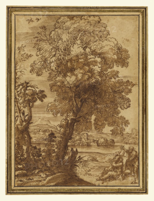 Landscape with the Holy Family, Rest on the Flight into Egypt, Alessandro Algardi, Italian, 1598 - 1654, and Giovanni