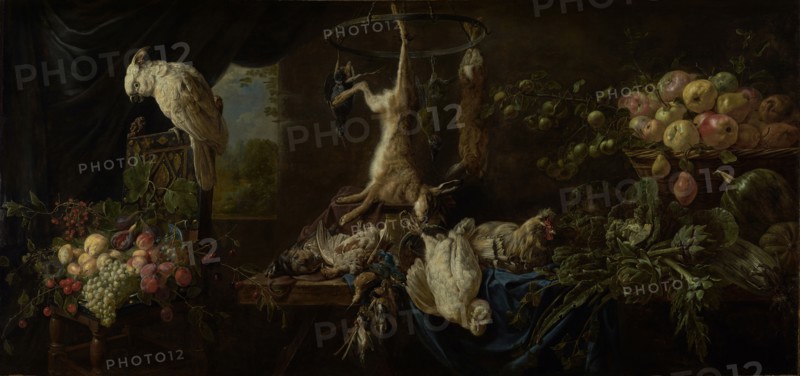 Still Life: Game, Vegetables, Fruit, Cockatoo; Adriaen van Utrecht, Flemish, 1599 - 1652, 1650; Oil on canvas; 120 × 250.5 cm