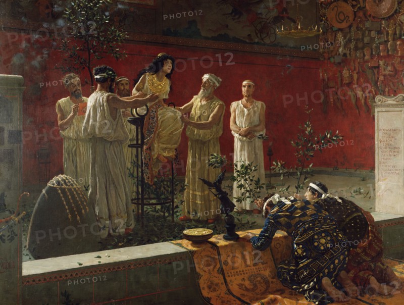 The Oracle; Camillo Miola, Biacca, Italian, Neapolitan, 1840 - 1919, 1880; Oil on canvas; 108 x 142.9 cm, 42 1,2 x 56 1,4 in