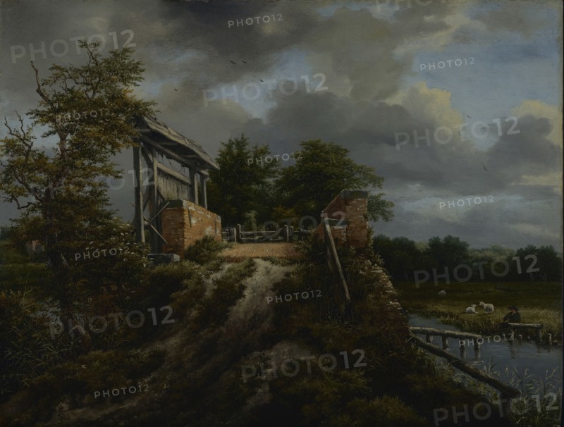 Bridge with a Sluice; Jacob van Ruisdael, Dutch, 1628,1629 - 1682, about 1648 - 1649; Oil on panel; 39.7 × 56.2 cm