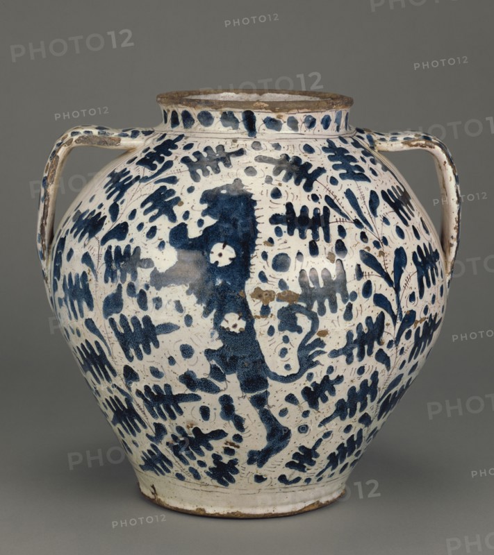 Two-Handled  Oak-Leaf  Drug Jar; Florence, probably, Tuscany, Italy; about 1425 - 1450; Tin-glazed earthenware