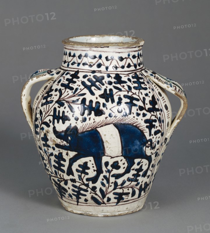 Two-Handled  Oak-Leaf  Drug Jar; Florence, Tuscany, Italy; about 1430; Tin-glazed earthenware; 25.1 × 12.5 × 24.4 cm