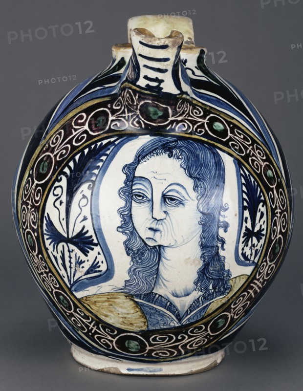 Jug with Medallion Bust, Brocca, Deruta or Montelupo, Italy; about 1460 - 1490; Tin-glazed earthenware; 34.6 x 33 x 9.8 cm