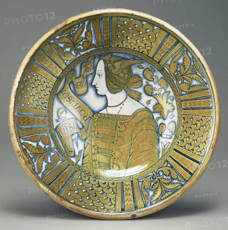 Lustered Display Plate with Female Bust; Deruta, Umbria, Italy; about 1510 - 1540; Tin-glazed earthenware with copper luster