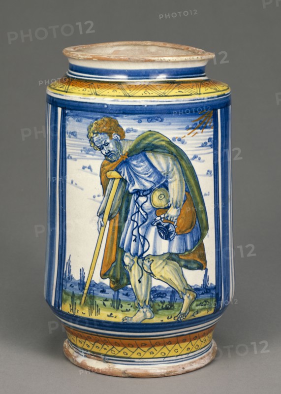 Cylindrical Drug Jar; Faenza, Emilia-Romagna, Italy; early 16th century; Tin-glazed earthenware; 24.8 × 15.9 × 12.9 cm
